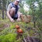 Young handsome man in a dense forest picking mushrooms in a basket