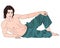 Young Handsome Man In A Reclining Pose On The Side. The dark-haired, muscular guy lies on his side with his leg bent - vector full