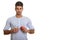 Young handsome Persian man holding glass of water and red apple