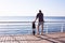 Young handsome skater watching on the sea horizon