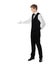 Young handsome waiter doing a welcome gesture