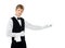 Young handsome waiter gesturing welcome