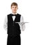 Young handsome waiter holding empty tray