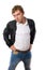 Young hansome man in leather jacket isolated