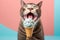 young happy amazed excited cat eating icecream created with Generative AI technology