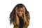 Young happy and attractive black African American woman in colorful stylish shirt acting playful and excited smiling cheerful enjo