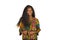 Young happy and attractive black African American woman in colorful stylish shirt acting playful and excited smiling cheerful enjo