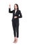 Young happy beautiful elegant business woman in formal suit pointing finger up.