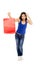 Young happy and beautiful hispanic woman holding red shopping bag smiling excited