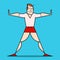 Young happy caucasian white man doing stretching warm up exercise, vector illustration