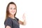 Young happy cheerful woman showing thumb up giving the thumbs up against a white background Place for text