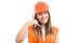 Young happy constructor woman gesturing call me