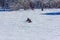 Young happy couple with children riding on an inflatable sledding tubing on a snowy slope, a man shoots a video on a smartphone