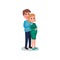 Young happy couple hugging, cheerful man touching belly of pregnant woman. Pregnant wife and her husband. Flat vector.