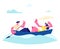 Young Happy Couple of Man and Woman Floating Boat at Water Surface. Male Character Rowing with Paddle, Girl Holding Shawl