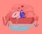 Young Happy Couple of Man and Woman Floating Boat at Water Surface. Male and Female Characters Hugging