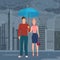 Young Happy couple pair standing under the umbrella in the street in dark grey rainy day vector illustration.