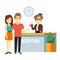 Young and happy couple at reception with smiling receptionist. Hotel reservation on holiday flat vector concept
