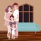 Young happy family with children pose indoor living room hous with sofa in background. vector drawing illustration.