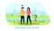 Young happy family walks in the park near the lake. Silhouette city landscape Active family vacation on the weekend