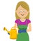 Young happy gardening woman stands with a watering can