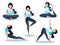 A young and happy girl practices yoga and meditates. Physical and spiritual practice. Set of poses for yoga. Vector illustration