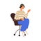Young happy girl sitting in wheeled armchair. Modern employee, trendy creative office worker in chair, greeting smb with