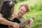 Young happy guy and girl with guitar