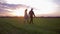 Young happy lovers pair walking on green field at sundown against bright pink sky
