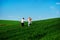 Young happy lovers running on meadow with green grass and blue s