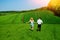 Young happy lovers running on meadow with green grass and blue sky, From the back