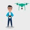 Young happy man flying drone with remote control. Smiling character controls aerial drone with a camera.