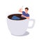 Young happy man isolated cartoon character floating in big cup drinking freshly brewed coffee