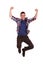 Young happy man is jumping in air