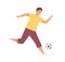 Young happy man playing football. Male soccer player kick the ball. Footballer enjoy game. Flat vector cartoon