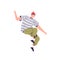 Young happy man in a red hat, striped t-shirt and green jeans cheerfully jumps and laughs