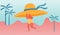 Young Happy Overweight Woman Character Holding Huge Tropical Hat in Hands Run along Summer Sandy Beach