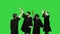 Young happy people at the graduation ceremony, group high five on a Green Screen, Chroma Key.
