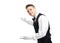 Young happy smiling waiter gesturing welcome