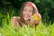 Young happy teenage girl with apple