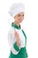 Young happy woman in chef uniform with corolla isolated on white