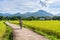 Young happy woman enjoying and riding a bicycle in paddy field while traveling at Pua