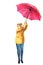 Young happy woman holding pink umbrella, full length portrait, autumn fall wind weather season, isolated, hand drawn