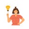 Young happy woman with a light bulb, symbol of the beginning of a new creative idea. Having idea, problem solved