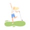 Young Happy Woman Playing Golf, Female Golfer Training with Golf Club on Course with Green Grass, Outdoor Sport or Hobby
