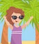 Young happy woman in sunglasses against a palm trees and sea on a holiday beach photo, best moments on pictures