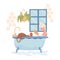 Young happy woman take a bath and reading book vector flat illustration. Woman resting in bathroom.