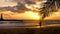 Young happy woman walking barefoot on sandy beach to palm tree branch with sea, sunset sun and lighthouse on background