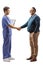 Young healthcare worker greeting a mature man