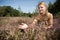 A young herbalist enjoys a meadow strewn with heather flowers. Field herbs.